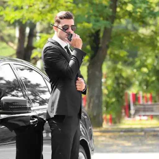 Elite protection officer on duty beside black vehicle in secured area
